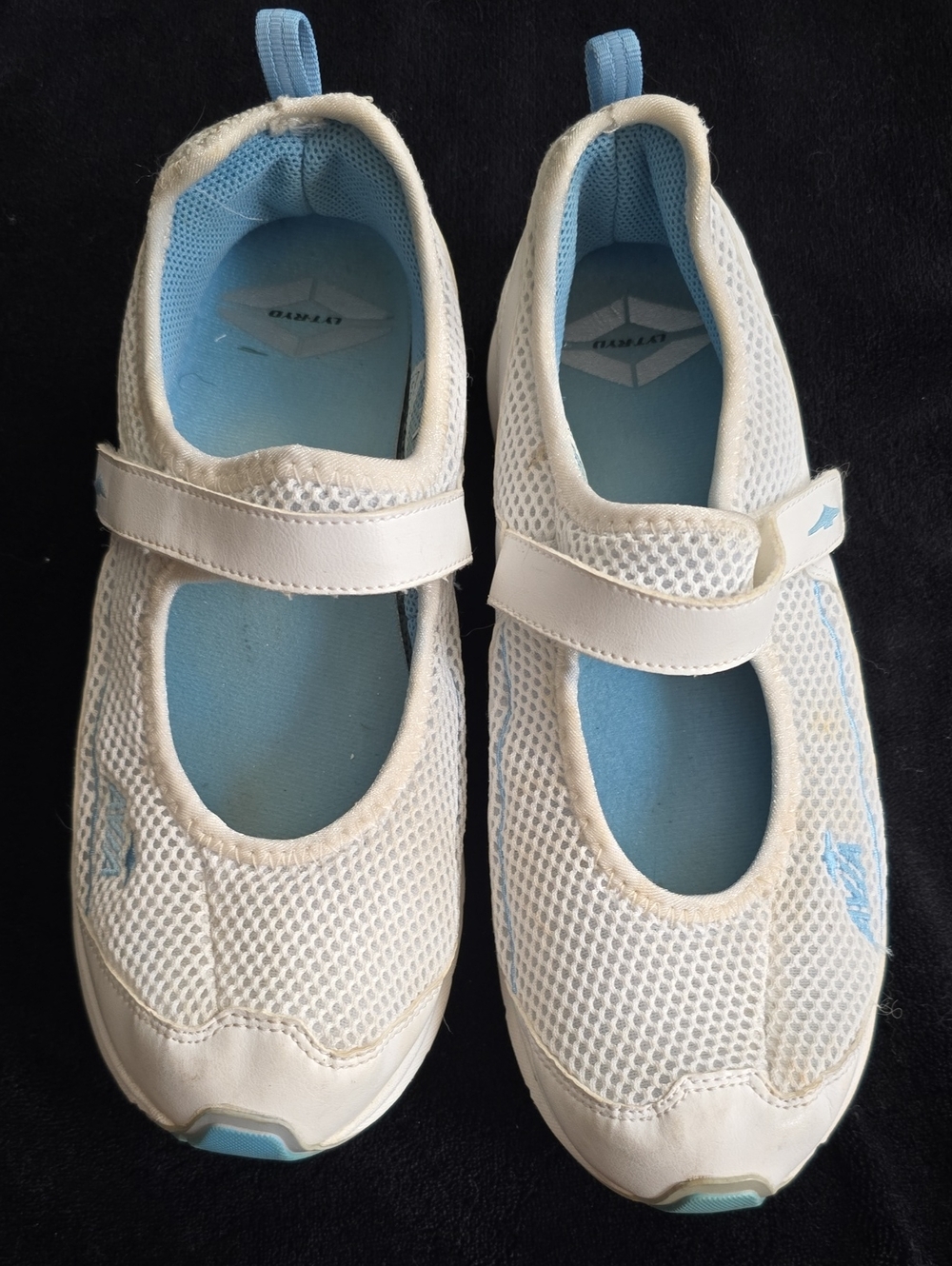 White Mary Jane Sneakers with Light Blue Accents